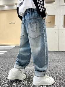 Tween Boy Straight Leg Loose Casual Denim Jeans With Pockets, Spring/Autumn - Light Wash - View 9