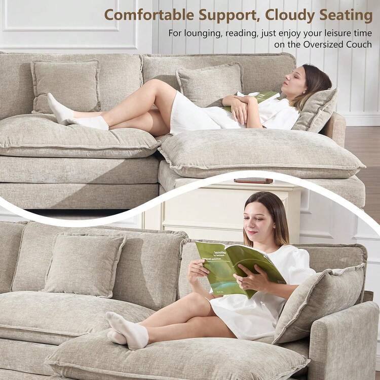 Sofá modular de gran tamaño, sofá grande en forma de U con asiento profundo, sofá de nube de chenilla para sala de estar, sofá seccional convertible de 6 plazas para espacio amplio, camel - Camello - Añade 8