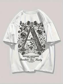Men's Y2K Floral Print Letter A Graphic T-Shirt - Breathable Loose Fit Casual Short Sleeve Tee for Summer, Machine Washable Outdoor & Home Wear, Perfe - Weiss - Übersicht 3