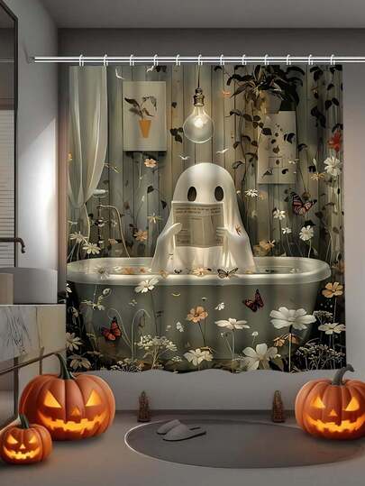 [Halloween Gift]1/4pcs Halloween Theme Little Ghost Shower Curtain Decor Set | Exquisite Modern Home Gift, Includes 12 Shower Curtain Hooks And 3 Bathroom Mats