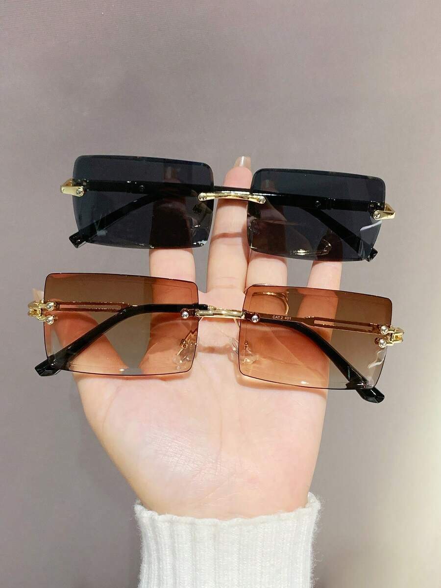 2 buah Kacamata Hitam Fashion Retro Persegi Panjang Tanpa Bingkai, Desain Klasik untuk Aktivitas Luar Ruangan, Perjalanan, Pantai, Pakaian Kasual, Perlindungan Matahari Musim Panas, Mengemudi, Kacamata Pelindung UV untuk Pria dan Wanita - MultiWarna - View 1