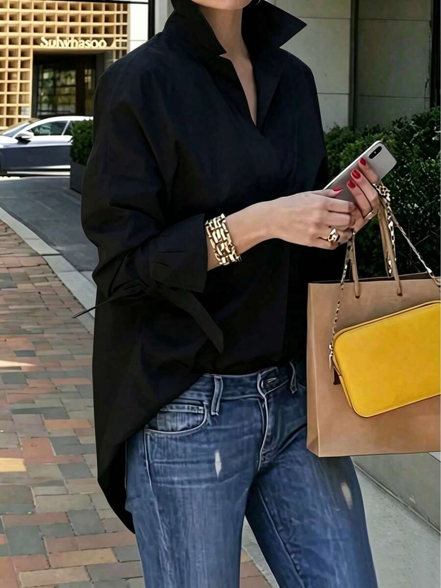 Camisa de polo de talla grande de unicolor, versátil y estilizadora, adecuada para el trabajo, primavera/verano/otoño, color negro - Negro - Ver 1