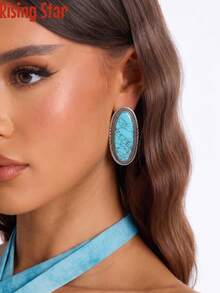 1 par de pendientes de botón ovalados de estilo vaquero occidental vintage con turquesa artificial, pendientes bohemios con incrustaciones de turquesa falsa, joyería de estilo vaquero exagerado - Pendientes ovalados de turquesa - Ver 4