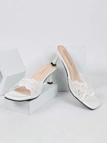 New Fashion White Open Toe Mesh Summer Kitten Heel Square Toe Sandals, Minimalist Versatile Women's Dress Sandals, Square Toe Elegant High Heel Slippers Sandals, Women's High Heels, Women's White High Heels - White - View 3