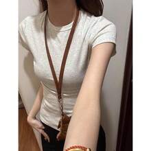Camiseta verano gris mujer cuello redondo manga corta ajustada adelgazante para combinar - Blanco grisáceo - Ver 4
