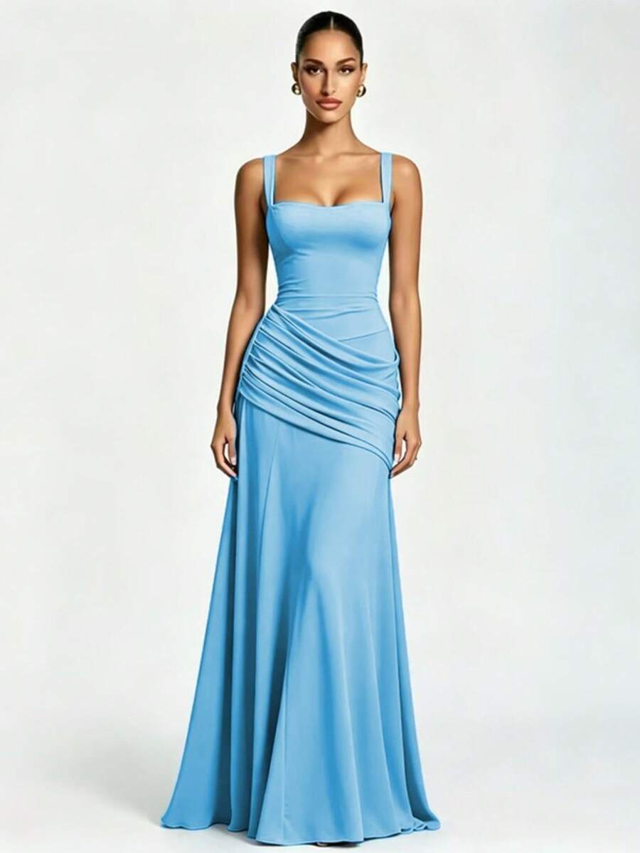 Vestidos casuales para mujer elegantes para fiesta tirantes color sólido sin mangas cintura ajustada gran falda vestido de gala estilo europeo americano nuevo - Azul - Ver 1