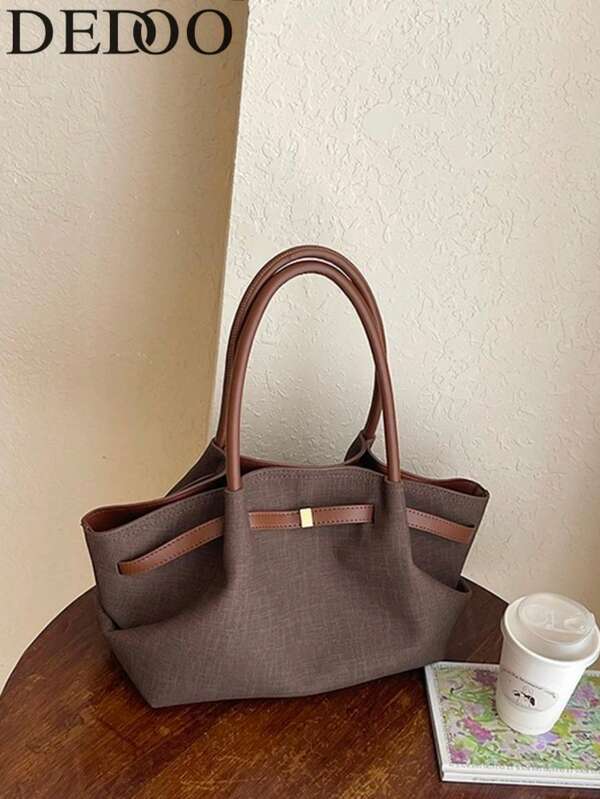 Dedoo Women's Linen Fabric Wing-Shaped Tote Bag, Solid Color Minimalist PU Trim, Front Bow, Large Capacity, Minimalist Casual Shoulder Bag, Suitable For Office Daily Summer Use