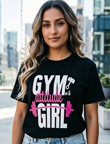 Women's Short-Sleeved T-Shirt, Black T-Shirt With Print, Women's Weightlifting Gym Lettering, Pink Color, Loose Fit, Casual Sportswear - 黑色 - 查看 2