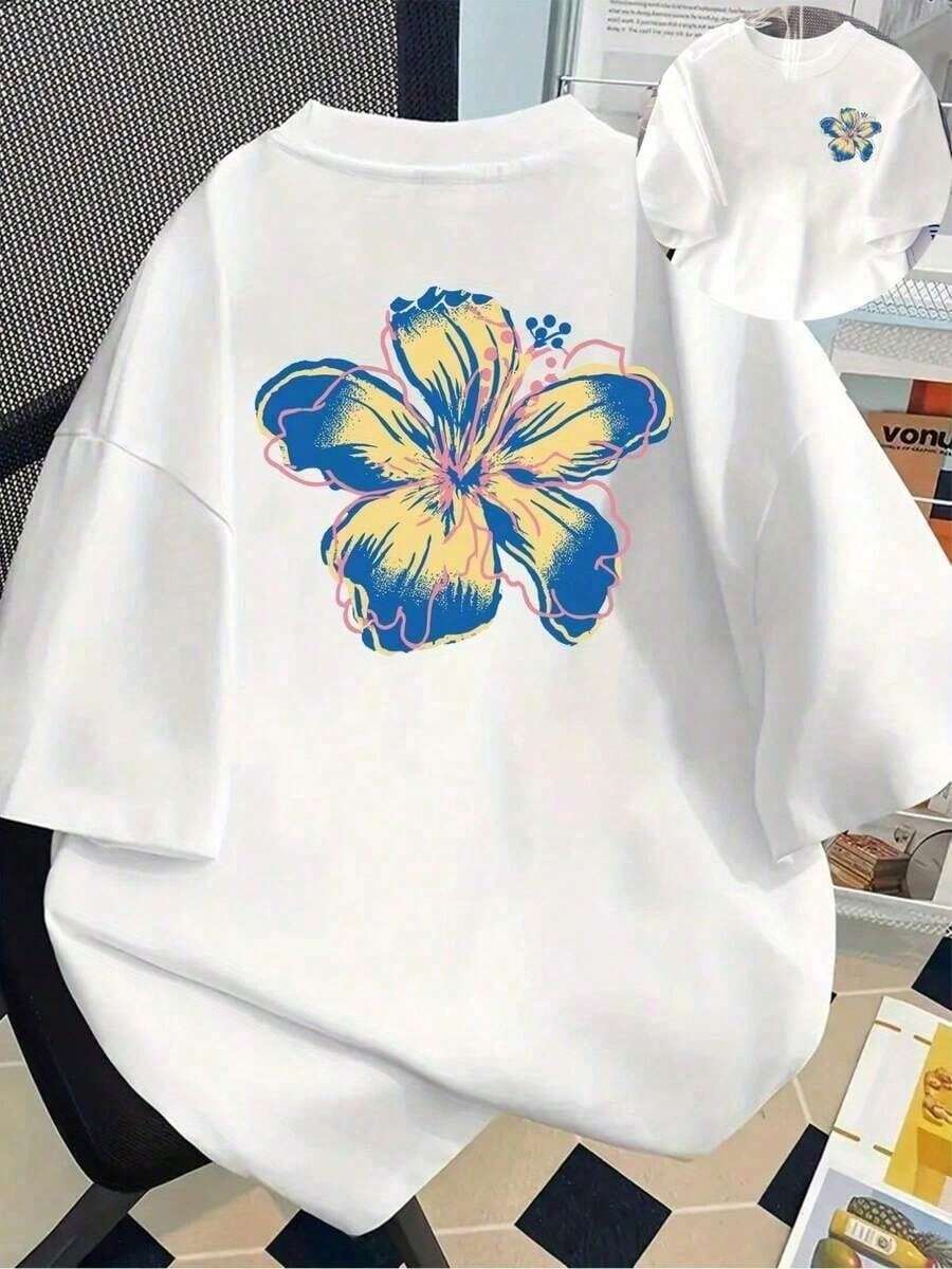 XS-5XL - Tropical Floral Short Sleeve Crew Neck T-Shirt With Hawaiian Floral Print, Casual Summer And Spring Top, Women's Clothing Camisole - 白色 - 查看 1