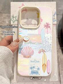 Vacation Style Minimalist Summer Surfboard & Palm Tree Texture Soft Waterproof Anti-Drop Anti-Slip Premium Phone Case, Suitable As Birthday/Holiday Gift For Friends, Family, Couples, Compatible With Apple 11/12Pro Max/13/14/15Pro Max/16Pro/17 Pro Max/17Air - Beige - View 1