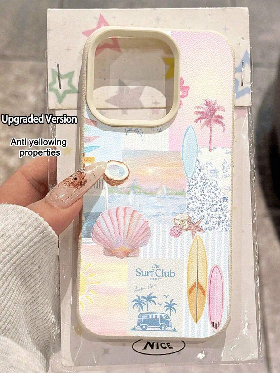 Vacation Style Minimalist Summer Surfboard & Palm Tree Texture Soft Waterproof Anti-Drop Anti-Slip Premium Phone Case, Suitable As Birthday/Holiday Gift For Friends, Family, Couples, Compatible With Apple 11/12Pro Max/13/14/15Pro Max/16Pro/17 Pro Max/17Air - Beige - View 1