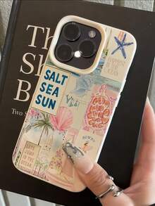 1 pieza Funda de teléfono con textura de cuero blanco minimalista personalizada con línea base marrón y estampado de leopardo compatible con iPhone 16 Pro Max/15/14 Plus/13/12/11 cubierta protectora - Multicolor - Ver 3