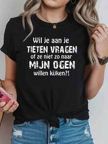 Camiseta de mujer con cuello redondo y estampado divertido con tema de "Tía Holandesa", decoración con texto divertido, manga corta casual, top divertido para uso diario en familia. - Negro - Ver 1