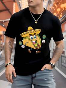 playera de méxico1 paquete de camisetas de hombre 100% algodón puro, estampadas con un divertido personaje de taco de dibujos animados que lleva un sombrero amarillo con patrones de diamante - Negro - Ver 1