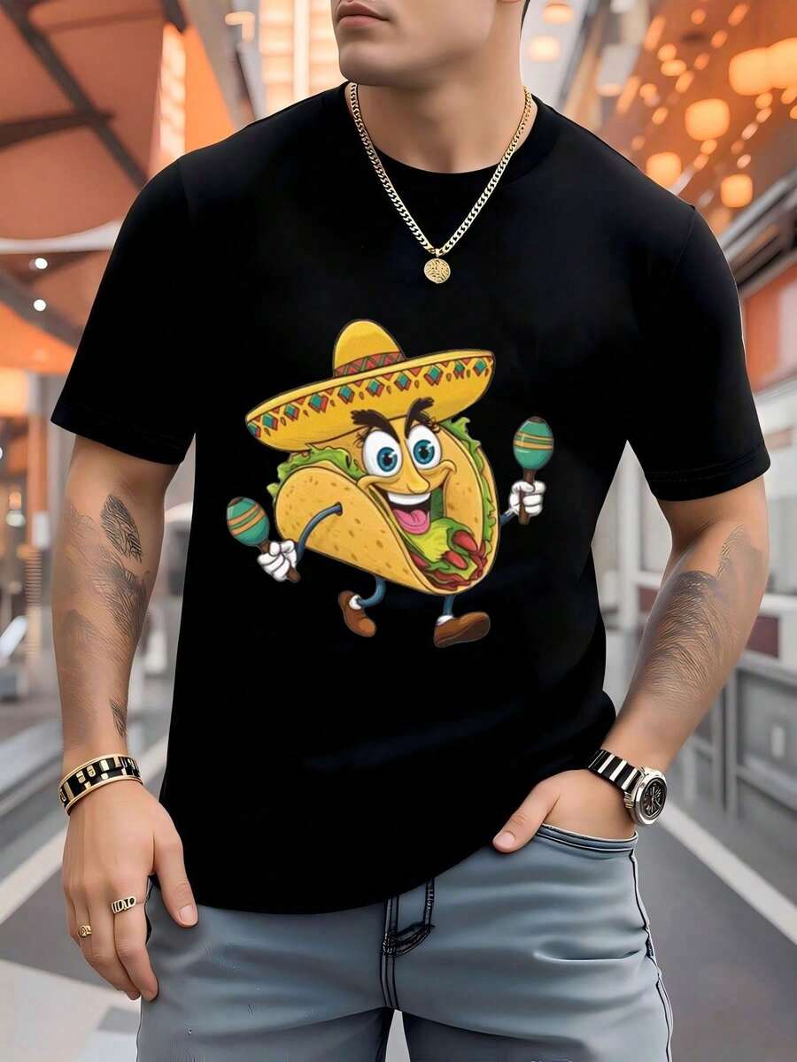 playera de méxico1 paquete de camisetas de hombre 100% algodón puro, estampadas con un divertido personaje de taco de dibujos animados que lleva un sombrero amarillo con patrones de diamante - Negro - Ver 1