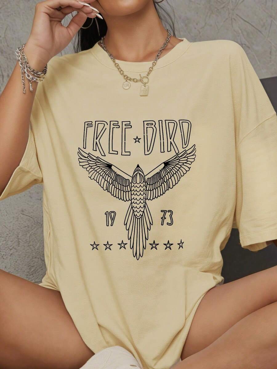 AINO 1 Piece Women's T-Shirt, 100% Cotton, Rock Style, Vintage Graphic Print Bird And Eagle, For Country Music Concerts, Casual, Short Sleeve, Classic Style, 180g - 杏色 - 查看 1
