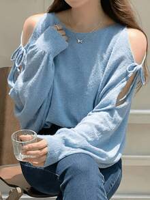 Jersey de manga murciélago de estilo europeo para primavera/verano, top holgado con cuello en V y mangas farol. - Azul cielo - Ver 4