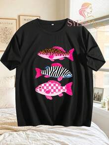Women's Loose Fit"Leopard Zebra Pattern Fish"Printing T Shirt,Bohemian Lakeside Fishing Summer Aesthetics,Autumn Outfits,Suitable For Concerts,Vacatio - 黑色 - 查看 3