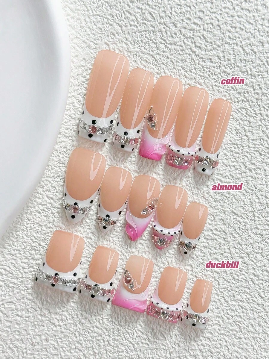 10pcs Y2K Style Handmade Press-On Nails, Polka Dot Wave Pattern Pink & White Water Ripple Poly Gel Nail Art Set, Rhinestone Embellished, Pink & White Nail Polish, Cool & Edgy Style, Includes Nail Tools, 3 Sizes Available, Almond/Duck/Coffin Shape, Suitable For Party, Dancing, Daily Wear - 彩色 - 查看 1