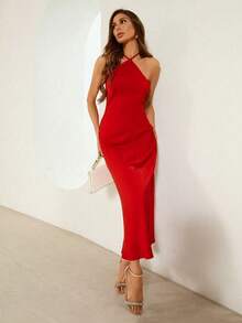 Vestido de fiesta formal con cuello halter sin espalda y tirantes con lazo para vacaciones, cumpleaños y ocasiones especiales - Marrón - Ver 6