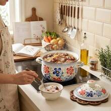 5 Quart Enamel Stockpot With Lid, Retro Cooking Pot, Vintage Floral Stew Bean Simmer Pot With Handle, Kitchen Soup Pot, Retro Classic Design 5 Quart - View 6