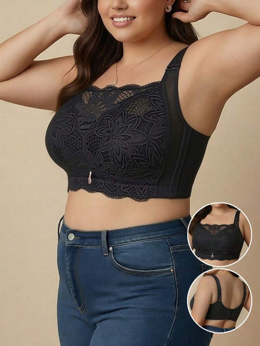 Plus Size Underwire-Free Lace Full Coverage Bra, Push Up And Adjustable, Suitable For Big Breasts, Helps To Reduce, Collect And Prevent Sagging - Black - View 1