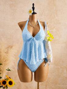 Conjunto de bikini de encaje con cuello halter y volantes para mujer: traje de baño de dos piezas favorecedor para aguas termales - Blanco - Ver 9