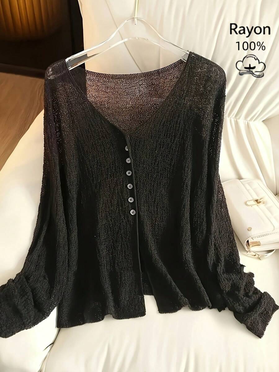 Chal de gasa de manga larga para verano, ideal para primavera, verano y otoño; un estilo casual pero sexy para mujer| tejido brillante - Negro - Ver 1