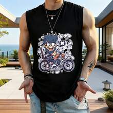 Hombres, para Gimnasio, Camiseta Sin Mangas, Diseño Gráfico de Motocicleta, Estilo Urbano, Secado Rápido y Transpirable - Negro - Ver 1