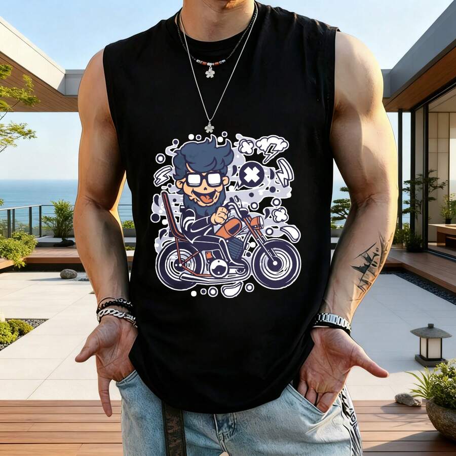 Hombres, para Gimnasio, Camiseta Sin Mangas, Diseño Gráfico de Motocicleta, Estilo Urbano, Secado Rápido y Transpirable - Negro - Ver 1