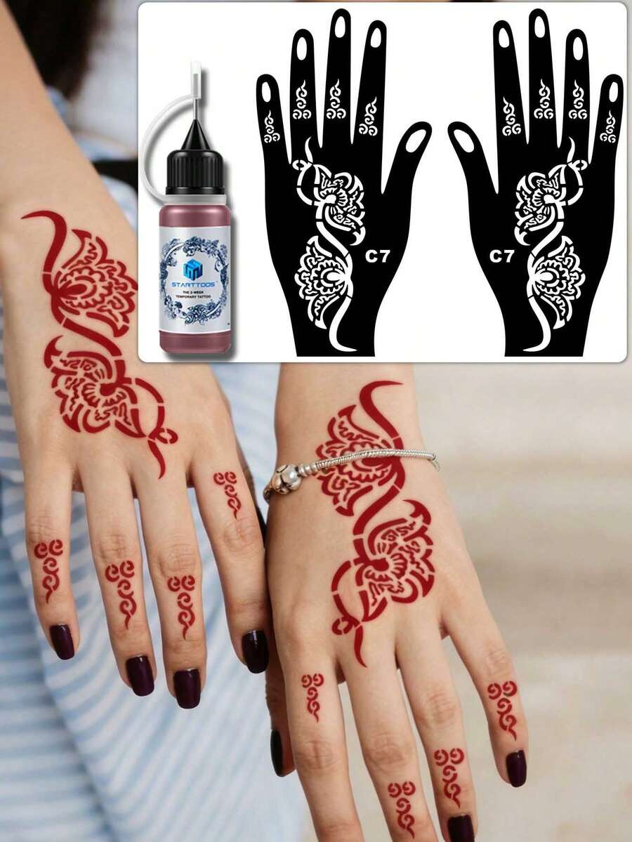 Hana Hand-Drawn Hollow Hands Tattoo Stencil + 1 Bottle Red Henna Tattoo Ink Combo Set, Henna Tattoo, Suitable For Hands, DIY Painting, Ink, Reusable Mehndi Design Template Ink - Red - View 1