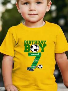 Boy's Number 7 Birthday Party T-Shirt, Featuring A "Birthday Boy" Print In Green Lettering, A Casual Short-Sleeved Sporty Style With Stadium Numbers And A Soccer Ball Design. - Kuning - View 2