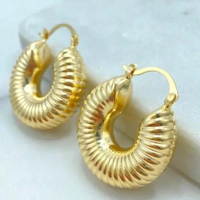 Vintage Ribbed Chunky Hoop Earrings, Glossy Gold, Fashionab…
