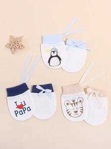 3 Pairs Newborn Anti Scratch Mittens Cute Penguin Tiger I Love Papa Mama Print Adjustable Tie Baby Hand Protection Gloves Daily Infant Essentials - 3 Pairs - View 6