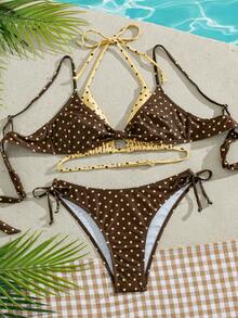 PEPPERMOLLY Ensemble de bikini sexy jaune-brun à pois sans dos pour femmes, maillot de bain trois pièces à la mode, tenue de plage d'été pour les vacances - brun jaunâtre - Voir 6
