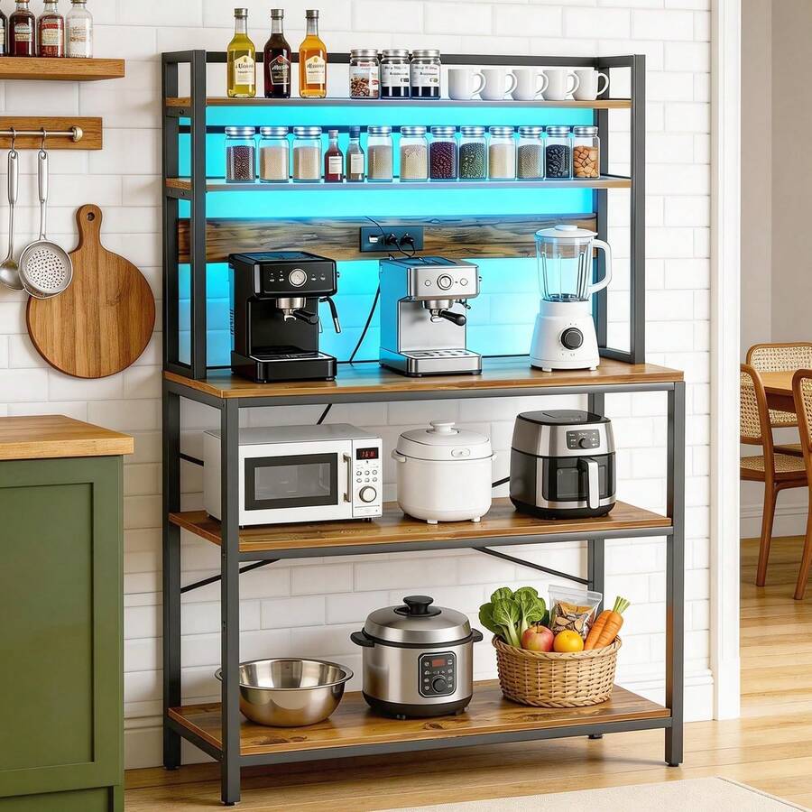LOKOOY 5-Tier Storage Cabinet, Kitchen Shelf With Outlets And 5 Hooks, Microwave Rack, Multipurpose Cabinet For Kitchen, Living Room, Office, Cafe - 黑色 - 查看 1