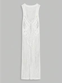Vestido de playa de punto blanco calado para mujer, ropa de verano para vacaciones, traje de baño, vestido largo casual y cómodo con cuello redondo y abertura, atuendo de vacaciones 2026 - Blanco - Ver 5