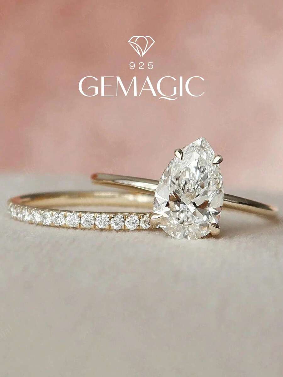 Set de 2 anillos de plata de ley 925 con corte de pera de 2 quilates, anillos elegantes de fiesta y apilables para damas, regalo de joyería preciosa para aniversario