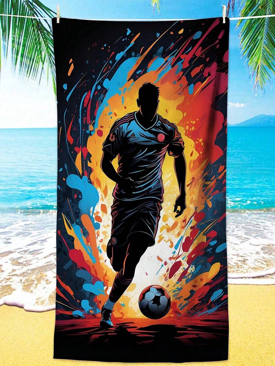 Art Colorful Ink Splatter Soccer Player Silhouette Print Microfiber Large Size Beach Towel, Skin-Friendly Quick-Dry Absorbent Beach Wrap, Soccer Enthusiast Swimming Blanket, Bedroom Throw, Lawn Sports Picnic Multi-Functional Mat