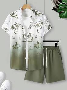 Conjunto de camisa con cuello y estampado de palmeras 3D para hombre, manga corta, pantalones cortos con bolsillo y cordón, suelto y cómodo, ideal para primavera/verano. - Burdeos - Ver 3