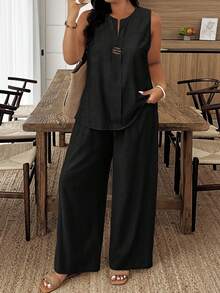 Plus Size 2-Piece Set: Casual Solid Color Sleeveless Top And Pants - Black - View 1
