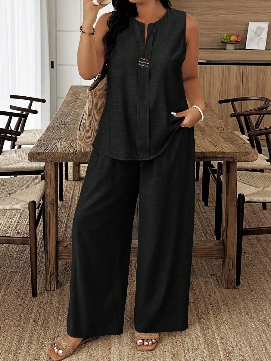 Plus Size 2-Piece Set: Casual Solid Color Sleeveless Top And Pants - Black - View 1