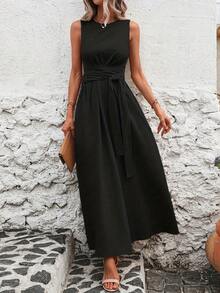 Sleeveless Casual Dress With Back Tie. Solid Color, Cool And Versatile. - Black - View 3