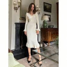 Long Knitted Dress Autumn Winter New Design Retro Style Elegant Feminine With Ruffles Fashion For Women - 杏色 - 查看 2