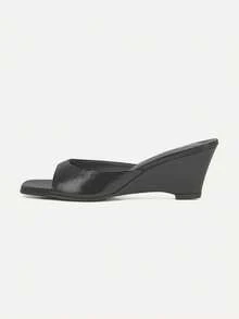 Sandal Mule Wanita Terbaru Musim Semi/Panas 2026 dengan Hak Rendah Sedang Tipis, Hak Wedges - Hitam - View 7
