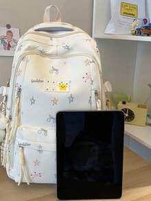 Star & Musical Note Print Backpack, Cream White Girly Style School Bag, Large Capacity Student Commuter Backpack - White - View 5