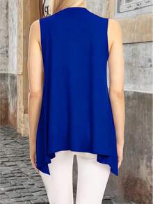 Plus Size Long Cardigan, Shawl Style, Modern, Elegant, Solid Color, Lightweight, Sleeveless, Open Front. - Blue - View 4