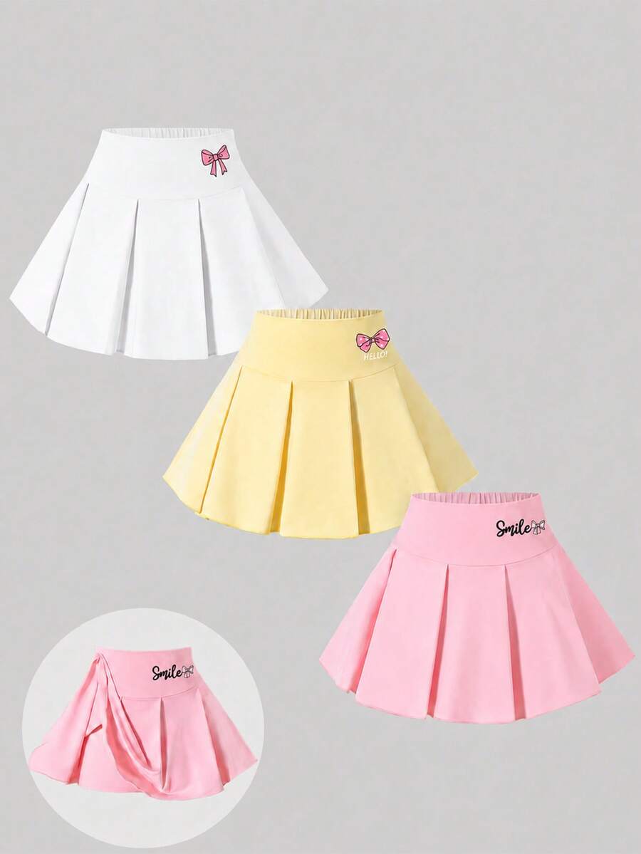 夏季新款少女日常校園風蝴蝶結印花百褶裙褲三件套 - 彩色 - 查看 1