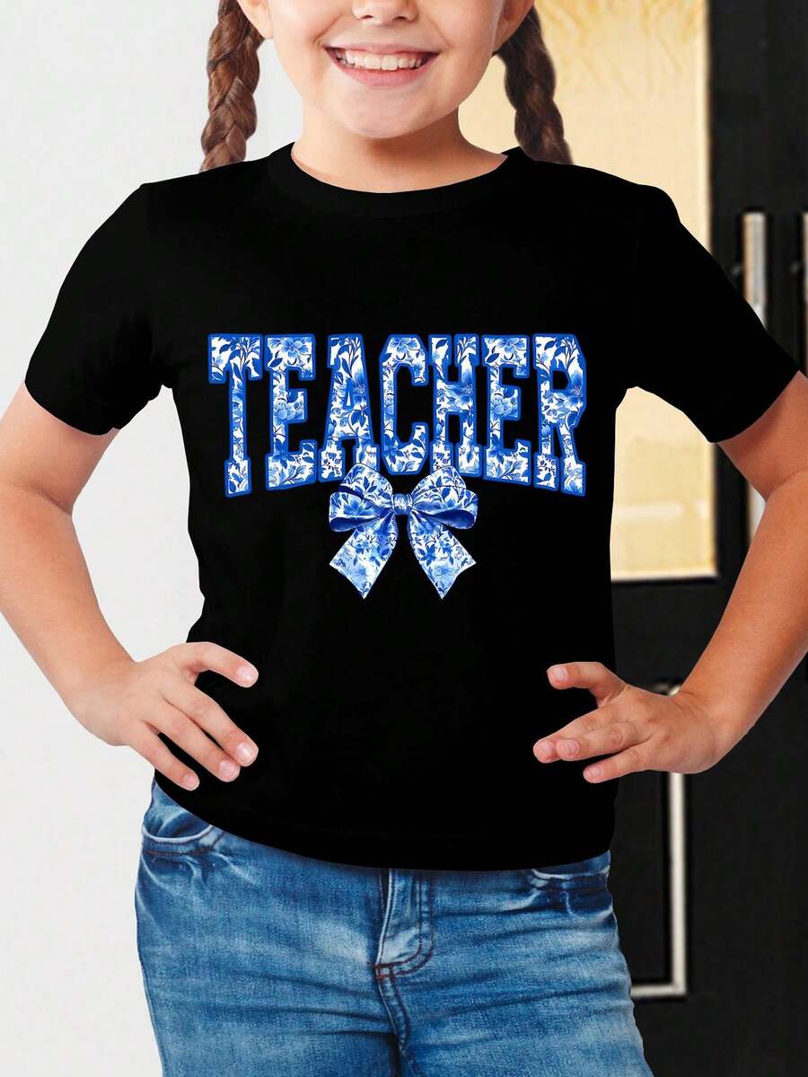 Boys' And Girls' T-Shirt With "Teacher" Text Print And Blue Floral Watercolor Bow, Casual Top For Everyday Wear And Back To School, Children's Clothing - 黑色 - 查看 1