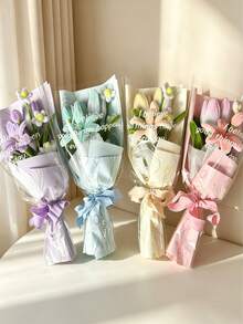 手工毛絨鬱金香與百合花束，馬卡龍色迷你包裝花禮，韓系美學攝影道具，生日與情人節禮物 - 彩色 - 查看 3
